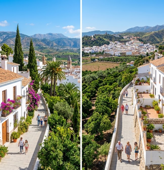 Vistas de las viviendas, caminos soleados y el entorno natural de Las Chozas en Vélez-Málaga, Málaga